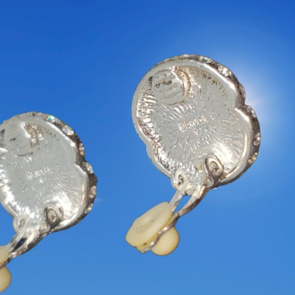 Carolee Clip-On Earrings Pave Rhinestones Faux Pearl Cabochons Silver Tone - Picture 2 of 10